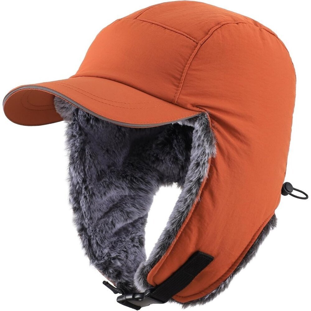 Men Caramel Brown Winter Trapper Hat Faux Fur Earflaps with Reflective Brim